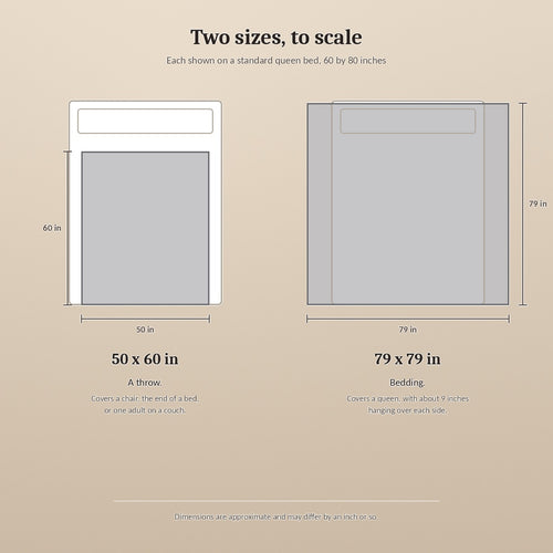 Size comparison drawn to scale. The 50 by 60 inch sits inside a queen bed as a throw. The 79 by 79 inch covers the bed and hangs about 9 inches over each side.