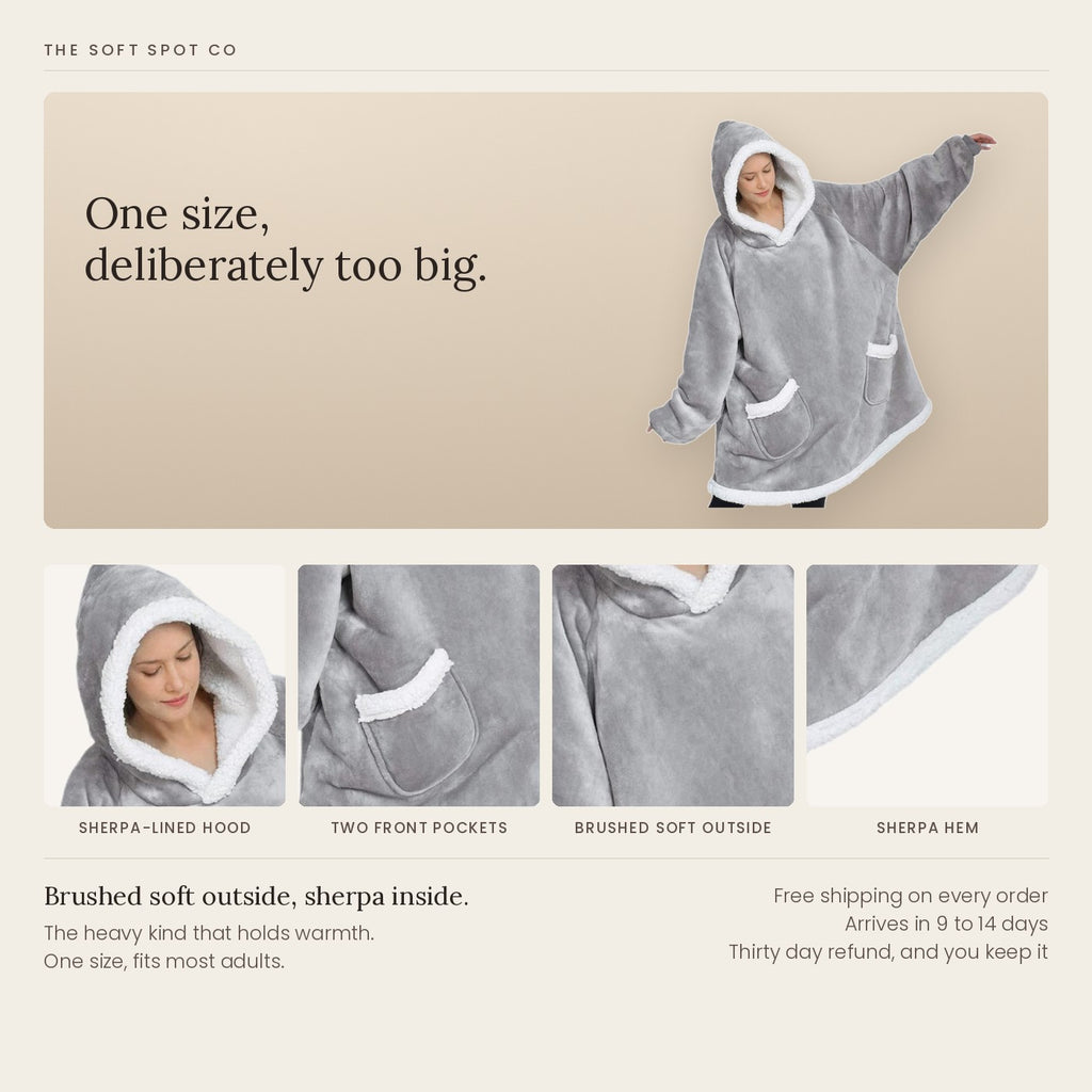 The Burrow at a glance: a sherpa-lined hood, two front pockets, brushed soft outside and a sherpa hem, with free shipping and a thirty day refund